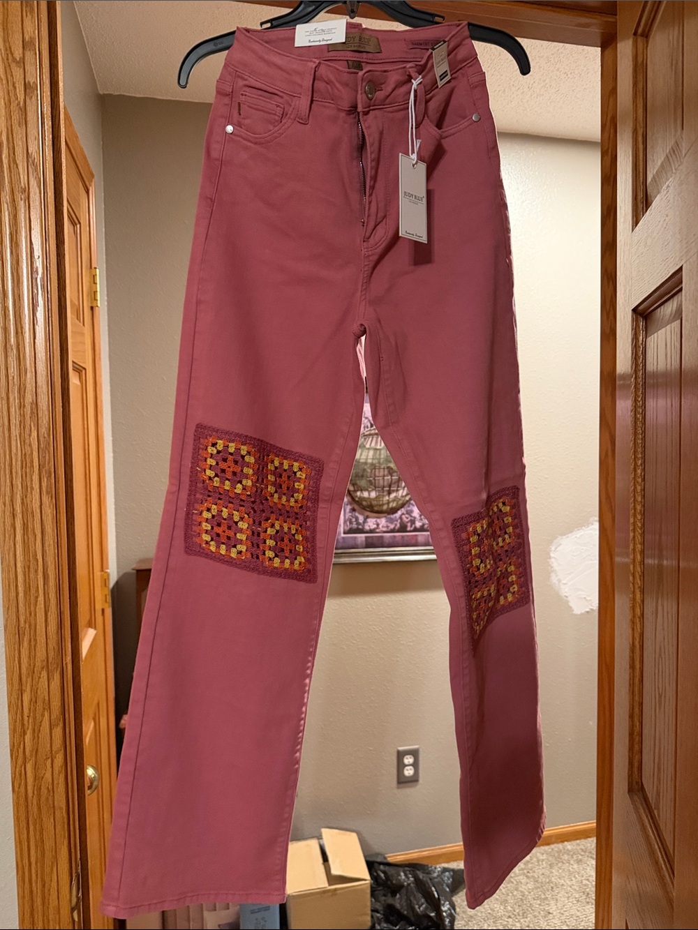 Judy Blue Rose Pink Wide Leg Jeans with Crochet Patch